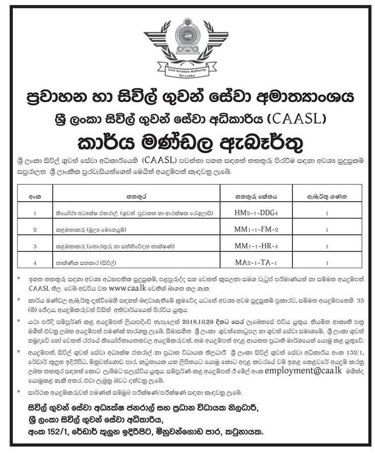 Deputy Director General, Manager (Financial Operations, ICT), Technical Assistant (Civil) - Civil Aviation Authority